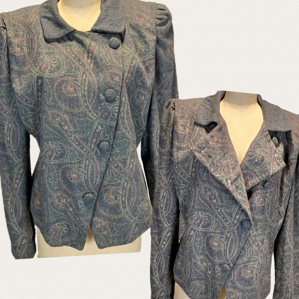 VINTAGE 80s dark moody‎ paisley blazer bodice jacket asymmetrical cropped button